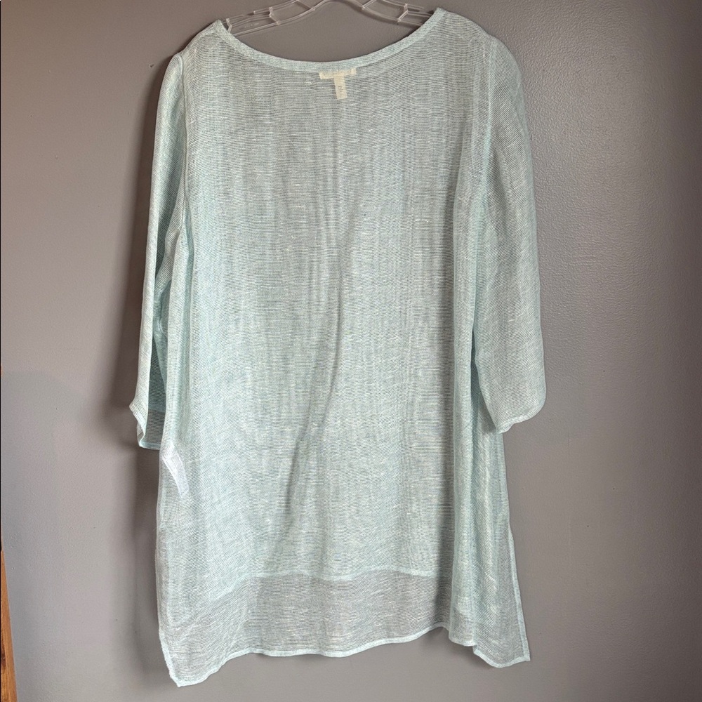2 Eileen Fisher mesh organic linen tunic tops * tan and light blue * sz LG - Picture 4 of 13